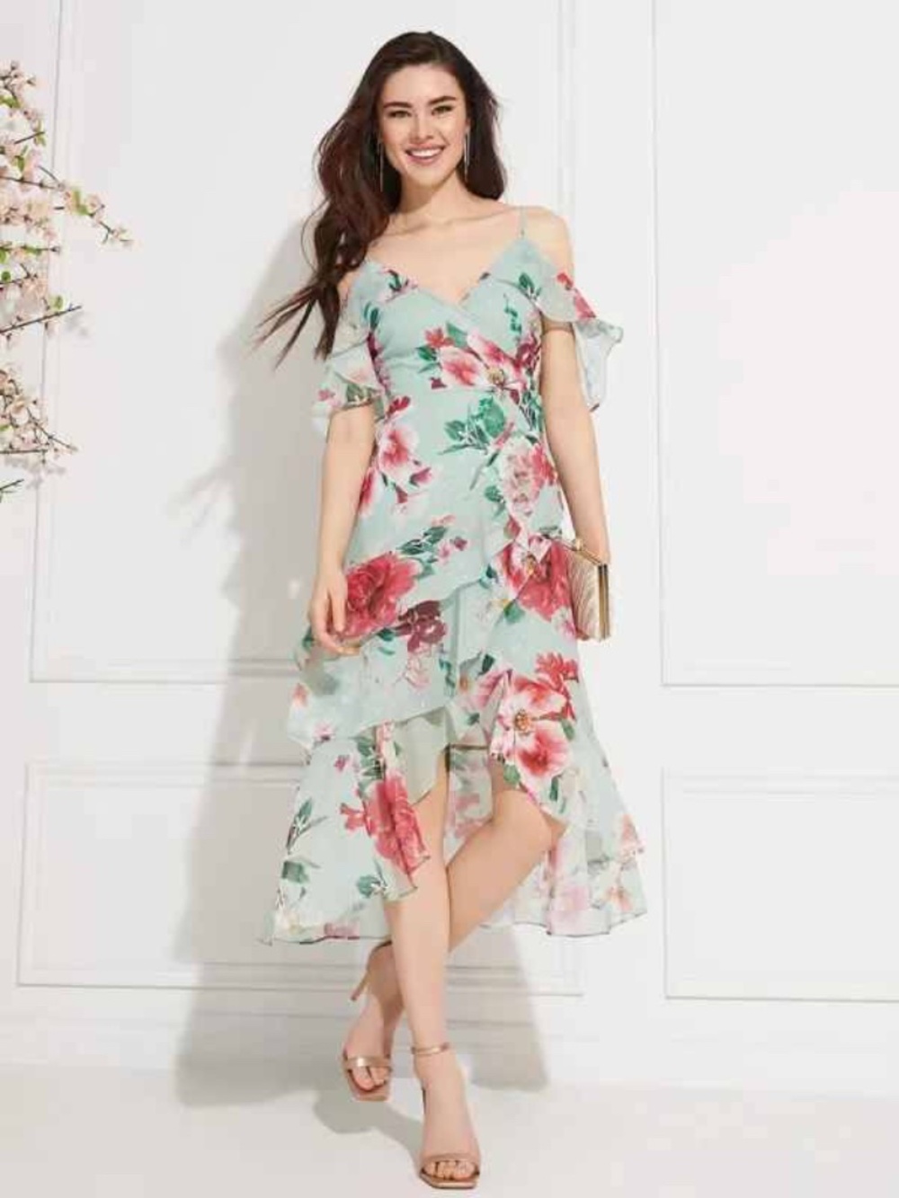Mint Green Floral High-Low Ruffle Wrap Dress